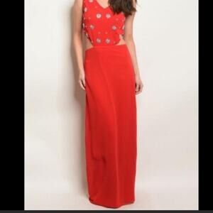 Gorgeous Balboa Sleeveless Red Sequined/Beaded Lined Maxi Dress